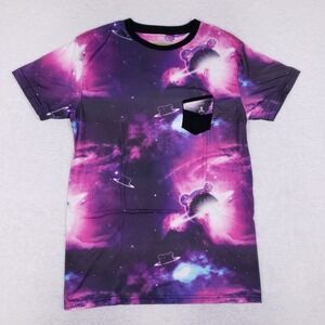 Entree LS Galaxy Teddy Bear Pocket Shirt L Mens Purple Space Graphic Streetwear